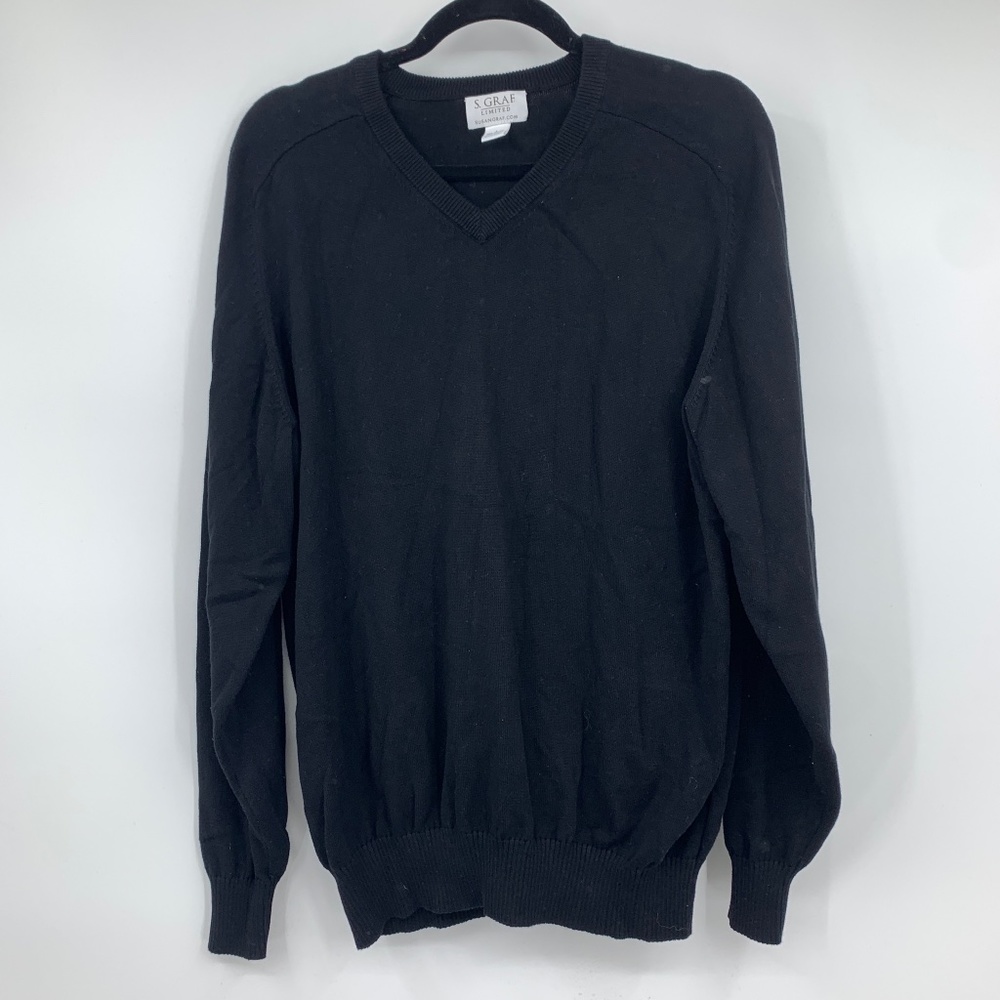 Susan Graf Men Large Pullover V-neck Sweater Black Cotton Business Casual Preppy